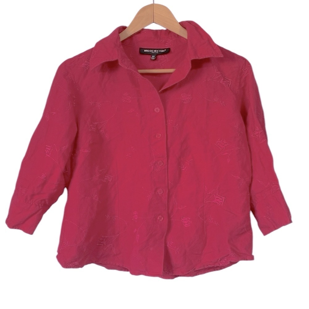 Briggs New York linen blend embroidered floral button front cropped Blouse 12P